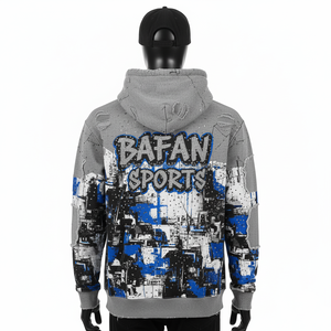 Sudadera con capucha premium de mezcla de algodón en gris azulado y negro con diseño gráfico, detalles desgastados y logotipo personalizado. - Product Image 2