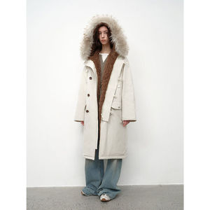 Parka Reversible con 90% Plumón de Pato, Cuello Alto, Capucha Cortavientos, Forro de Mezclilla Impermeable para Invierno, con Líneas Decorativas de Nylon Tejido - Product Image 1