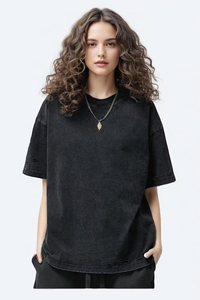 T-shirt en coton épais 300 GSM de haute qualité, coupe oversize, col rond, effet vintage délavé, personnalisable avec logo, style usé - Product Image 4