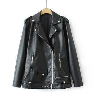 แจ็กเก็ตหนัง PU สำหรับผู้หญิง, แจ็กเก็ตมอเตอร์ไซค์ทรงหลวมแขนยาวดีไซน์ยาวยาวปานกลางเสื้อแจ็คเก็ตหนังถัก - Product Image 1