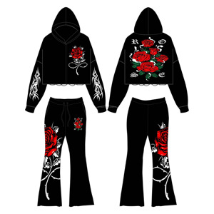 Conjunto de Sudadera con Capucha y Pantalones Jogger Acampanados de Invierno para Mujer, Diseño Casual Liso Personalizado 3D con Parches y Logo - Product Image 1