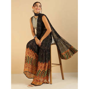 Conjunto DEEBACO para Mujer, Top de Muselina con Borde Bandhani hasta el Tobillo y Pantalones Palazzo con Dupatta, Conjunto Coordinado, Elegante y a la Moda - Product Image 1