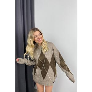 Maglione girocollo con motivo diamanti di visone marrone - Product Image 1