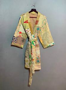 Robes Kimono Kantha brodées en coton pour femmes, robes de chambre patchwork de grande taille pour l'été et l'automne, vêtements de plage - Product Image 3