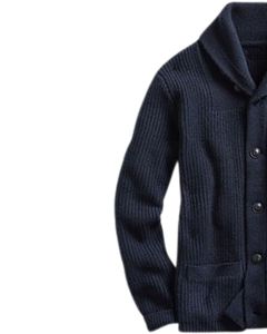 Pull cardigan en tricot côtelé à col châle boutonné, tricot texturé chaud d'hiver, couleur bleu marine, coton, vêtement décontracté tendance - Product Image 2