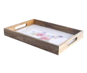 Diseño Floral Bandeja de madera y esmalte impreso Bandeja de forma redonda Bandeja de madera para servir Decoración para el hogar y el hotel Nuevo diseño en artesanía de dirección - Product Image 2