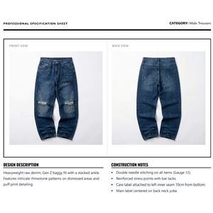 Jeans en denim mi-lourd pour hommes, strass personnalisés pour pantalon baggy déchiré, pantalon streetwear, pantalon Y2K, braguette à boutons hauts - Product Image 6