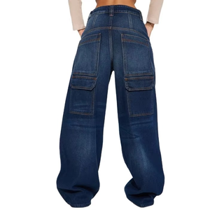 Pantalones Cargo transpirables de cintura alta para mujer, pantalones vaqueros de pierna ancha transpirables de colores sólidos con múltiples bolsillos para ropa informal para correr de invierno - Product Image 4