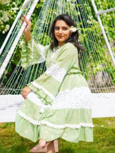 Green <b>Boho</b> Midi <b>Dress</b> for Women Flowy Tiered Cotton with Bell Sleeves Natural Waistline Washable for <b>Summer</b> Casual Garden Wear - Product Image 2