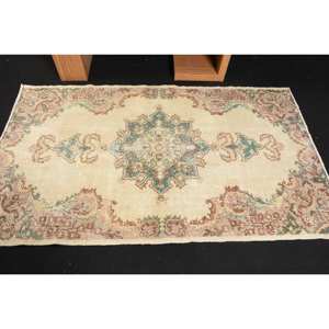 Tapis Vintage en Laine Turque 4 X 7.3ft Beige Marron Grande Surface Rectangle Patchwork Design pour Chambre à Coucher Support en Latex-Style Classique - Product Image 3