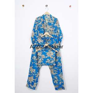 Luxury Hand Block Print Cotton Pajama <b>Set</b> Floral Traditional Block Prints Handcrafted Nightwear for Autumn & Winter - Product Image 5