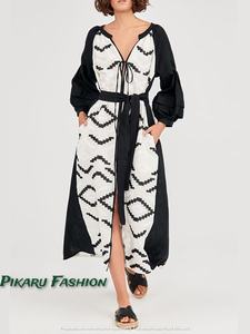 ชุดเดรสปาร์ตี้แฟชั่นสำหรับผู้หญิงชุดเดรสผ้าทอคอวีเปิดหน้าแขนยาวงานปักสำหรับชายหาด - Product Image 2