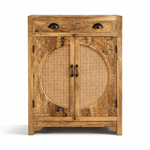 Solid Mango Wood Rattan Living Room Sideboard Cabinet | Hand Carved Cane Doors | Antique Japandi Mid Century Storage - Product Image 1