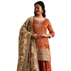 Traje Palazzo bordado marrón y dorado con Dupatta, venta al por mayor, Ropa Étnica para mujer, proveedor de fábrica de ropa OEM, traje personalizado - Product Image 2