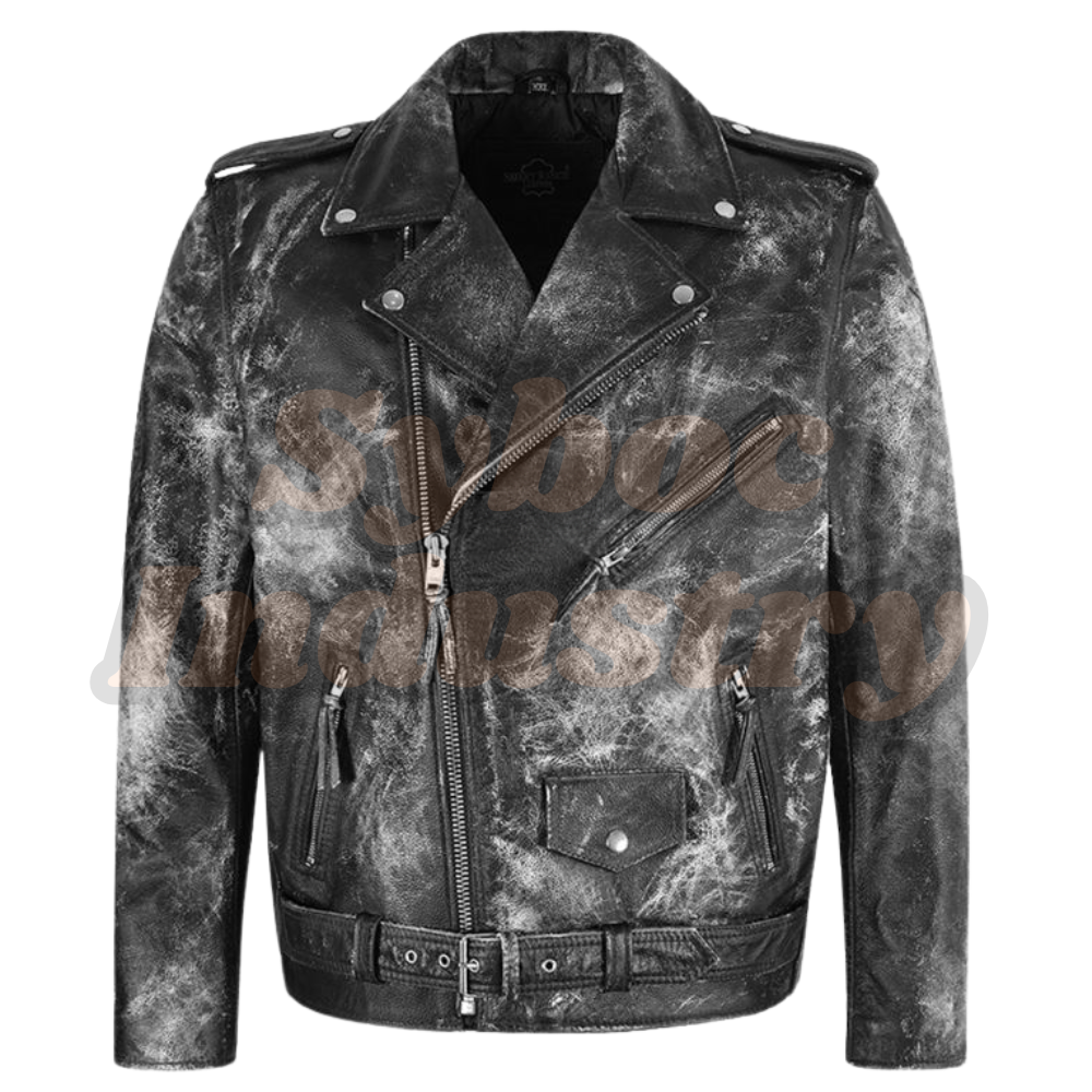 Men Lamb Skin Leather Biker Jacket Vintage Wax Finish Asymmetrical