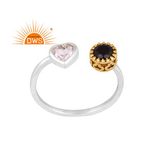 Anillo ajustable de piedras preciosas de ónix negro y cuarzo de cristal Natural de plata de ley fina, fabricante de joyería personalizada - Product Image 1