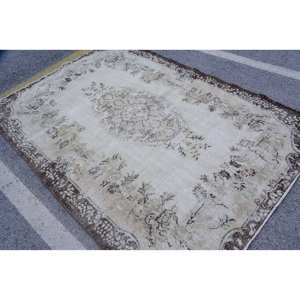 พรมตุรกีวินเทจขนาดใหญ่6.3x9ฟุตคลาสสิกสีเบจสีน้ำตาลผ้าขนสัตว์ลาเท็กซ์ทรงสี่เหลี่ยมผืนผ้าเย็บปะติดปะต่อกันพรมห้องโถงห้อง - Product Image 2