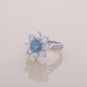 IGI Certified Blue Round Lab Grown Diamond With Side Trillion Cut Floral Halo Engagement Ring in <b>Solid</b> 925 Sterling <b>Silver</b> - Product Image 6