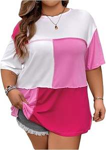 Camiseta holgada de manga corta con cuello redondo y costuras en bloque de Color para mujer de alta calidad - Product Image 3