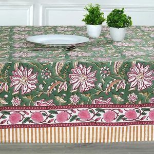 Hunter Green Indian Floral Handmade Block Print Cotton <b>Tablecloth</b> Elegant Dining Table Cover for Farmhouse Home Baby Shower - Product Image 4