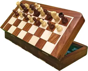 Handmade Magnetic Chess Board Set for Adults Kids Wooden Folding Chess Boards Portable Chess Game with Pieces Storage Slots