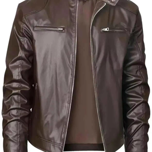 Veste de motard décontractée pour homme, col montant, coupe ajustée, poche zippée, veste en cuir, vêtements de moto, vêtements d'extérieur, vêtements pour homme tendance - Product Image 1