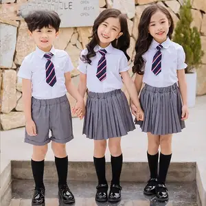 Camisa de algodão infantil moderna e bonita, uniforme escolar curto, conjunto de uniformes escolares para crianças de 2 a 12 anos