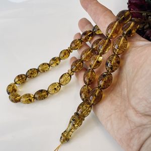 Misbaha en ambre vert de la Baltique, perles d'olivier naturelles avec des inclusions végétales - Product Image 3