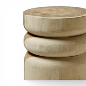 Taburete Escultural de Madera Maciza de 35 cm de Diámetro, Mesa Auxiliar Redonda Orgánica de 3 Niveles, Taburete de Tambor Tallado a Mano de Madera de Suar Natural para Hotel o Villa - Product Image 1