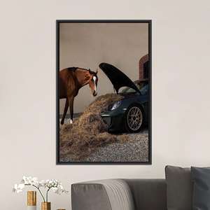 Printed Canvas: Funny Horse and Car Wall Art for Rustic Decor,BLACK <b>FRAMED</b> CANVAS - Product Image 1
