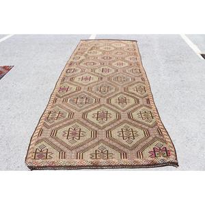 4.6x11.5 ft Rug, Vintage Turkish Rug, <b>Brown</b> Green Bordered <b>Wool</b> Rug - Product Image 1