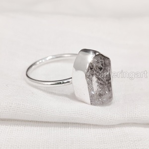 แหวนหินดิบสำหรับผู้หญิง แหวนเพชรเฮอร์คิเมอร์ธรรมชาติ แหวนเรียบง่าย ของขวัญวันคริสต์มาส วันเกิด แหวนเงินแท้ 925 - Product Image 1