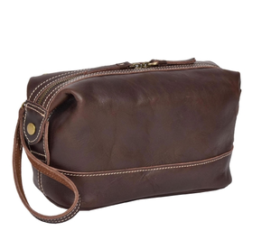 Leather Toiletry <b>Bag</b> With Wrist Strap, Back <b>Zip</b> Pocket and a <b>Zip</b> Top Opening with an Inner <b>Zip</b> Pocket - Product Image 1