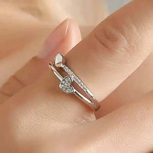 Bague romantique en argent pur AD, micro-pavé Cœurs d'amour, taille ajustable, bijou tendance en cuivre avec grappe simple - Product Image 1