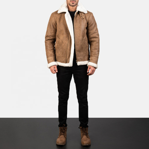 Premium Shearling Fur <b>Leather</b> <b>Jacket</b>, ultra soft original Premium <b>Men's</b> Beige <b>Leather</b> Aviator Bomber <b>Jacket</b> Warm Sherpa Winter - Product Image 4
