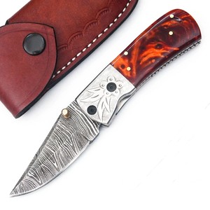 Couteau utilitaire à lame pliante en acier de Damas, manche en résine, pointe tombante, étui de transport vertical, poche EDC, chasse, camping, support ODM - Product Image 5