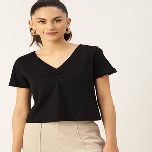 Top liso con cuello en V, diseño de dobladillo regular, largo corto, Top para mujer, Top personalizado, Media manga - Product Image 4