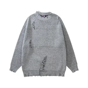 Suéter Holgado de Punto con Mangas Largas y Diseño Desgarrado, Transpirable, Estilo Coreano, Estampado Floral Informal para Otoño e Invierno - Product Image 1