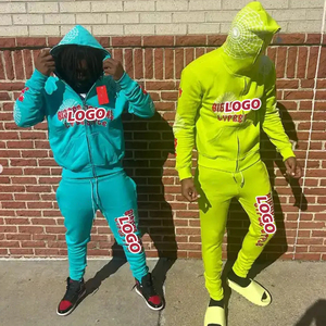 Custom Cotton Raw Hem Hoodies and Flared Stacked Sweatpants Two Piece <b>Tracksuit</b> Set 3D Puff Print Unisex Sweatsuit Men - Product Image 4