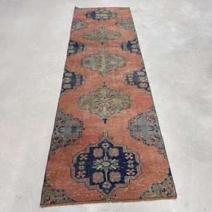Turkish Vintage Rug, 2.9x9.5 ft Rug, <b>Red</b> Blue Floral <b>Wool</b> Rug - Product Image 1