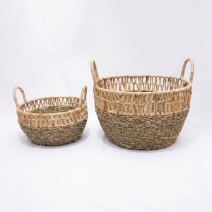 Ensemble de paniers en jonc de mer naturel et écorce de bananier, avec cadre en fer, grille ouverte, poignée en arche, pot de plantation peu profond, pour décoration de table, artisanat d'art pur - Product Image 1