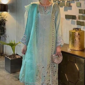 TRENDY Indian/Pakistani BEAUTIFUL Embroidery Work EMBELLISHED DABKA,STONE on Long <b>Kurta</b> & Pant Dress for Party-WEAR/Wedding=2024 - Product Image 1