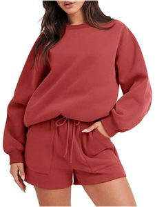 Wholesale 2025 Sweatsuit Sets <b>Women</b> Fashion Round Neck <b>Long</b> Sleeve Solid Color Casual Top Sweatshirt <b>Shorts</b> Set - Product Image 3