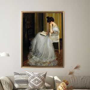 Elegant Lady Reading Printed <b>Canvas</b> Wall Art, Vintage Victorian Decor,Gold <b>Framed</b> - Product Image 1