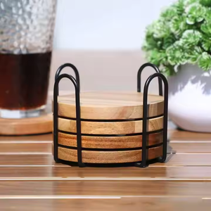 Crescent Crafts Handmade Classic Style Wooden <b>Coaster</b> <b>Set</b> of 4pcs <b>with</b> Iron <b>Holder</b> and Custom Diameter - Product Image 3