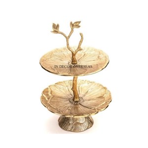 Présentoir de gâteau en métal de la meilleure qualité plaqué or de haute qualité à 2 niveaux de concepteur floral pour la maison et l'hôtel - Product Image 1