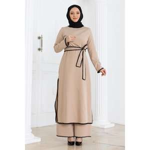 Ensemble décontracté 2 pièces beige en polyester 100% avec col rond et ceinture, style Shepherd Stitch, hauts longs mi-longueur MSW19365-5 - Product Image 1