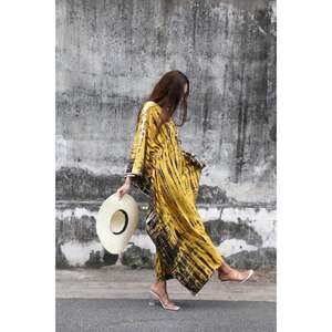 <b>Women</b> Yellow Tie Dye Kaftan Maxi <b>Dress</b> Loose Fit Flare Sleeve Floor-Length Natural Waist Boho Beach Resort Wear - Product Image 2