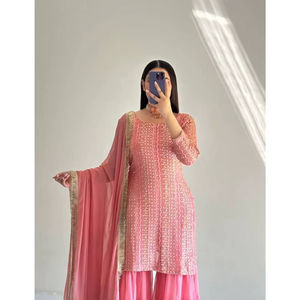 Women Ethnic Traditional Wedding Party Suit Faux Georgette Heavy Sequence Embroidery Work Top & Palazzo Lace Border Dupatta - Product Image 1