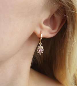 Boucles d'oreilles créoles en argent 925 plaqué or avec quartz rose, style vintage, cadeau pour elle, boucles d'oreilles en quartz - Product Image 1